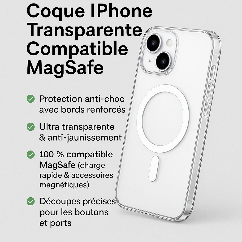 Coque iPhone Transparente Compatible MagSafe – Anti-Choc & Anti-Jaunissement